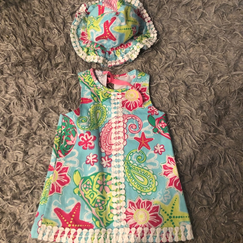 Mud Pie baby dress and matching hat (reversible)